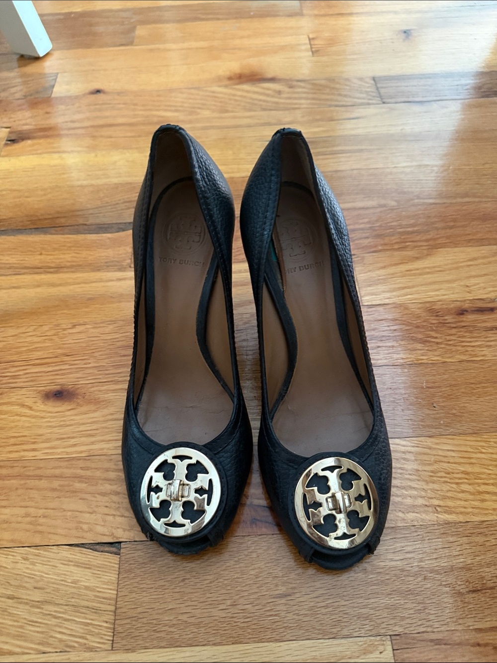 Tory Burch Black Leather Espadrille Flats with Gold Logo Medallions